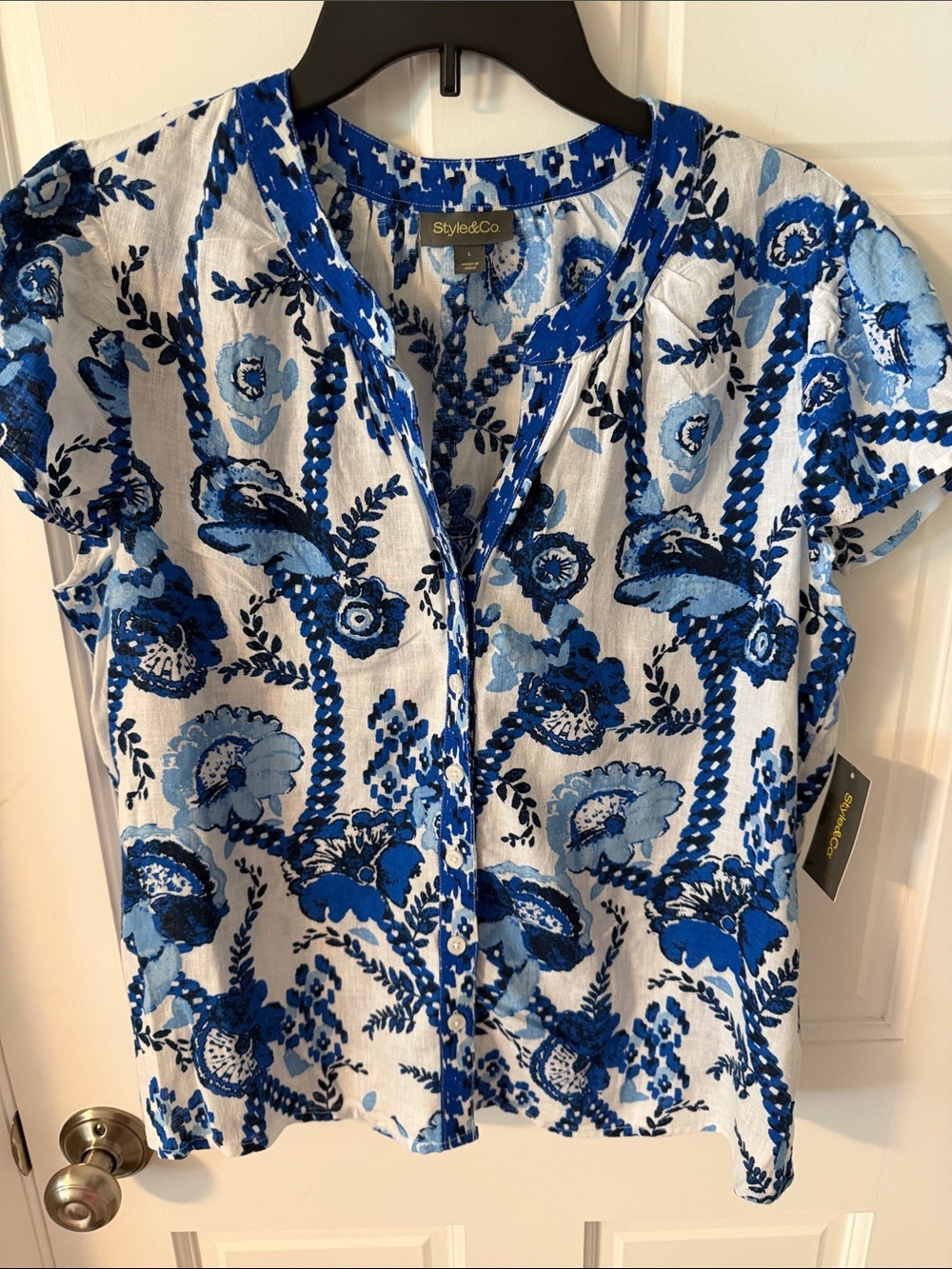 NWT Style & Co. Boho Linen Blend Short Flutter Sleeve Button Down Blouse Large